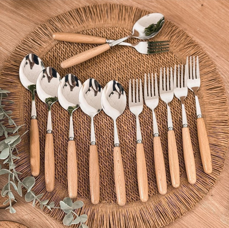 ست قاشق و چنگال ۱۲ پارچه دسته چوبی